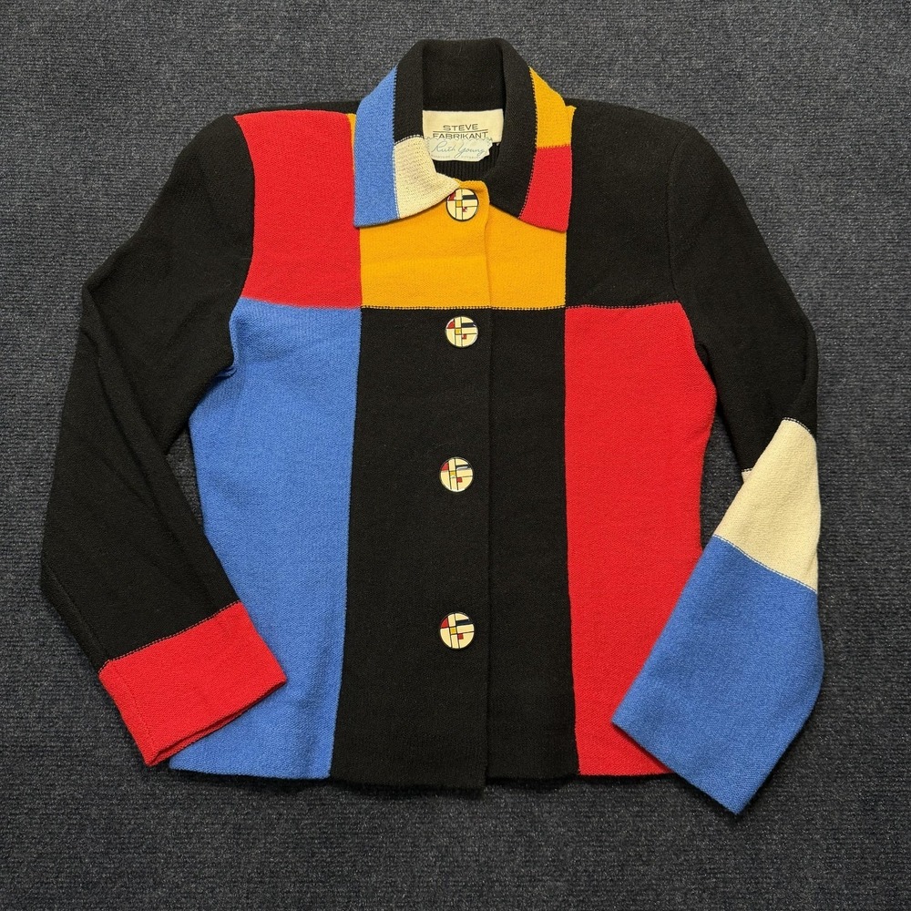 Vintage Steve Fabrikant Cardigan Sweater Womens 8 Multicolor Art Colorblock Knit